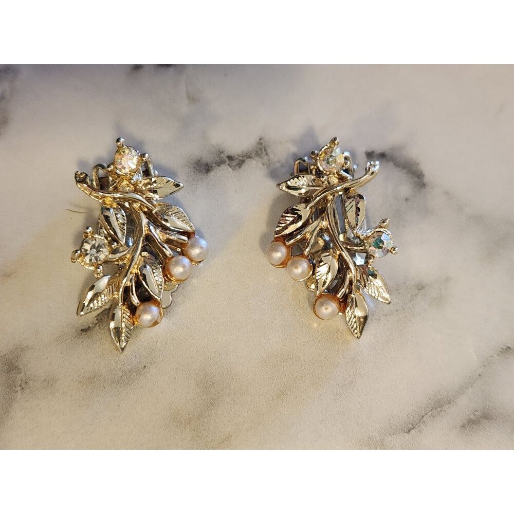 Vintage Clip-On Earrings With Faux Pearl & Rhinestone Floral Design